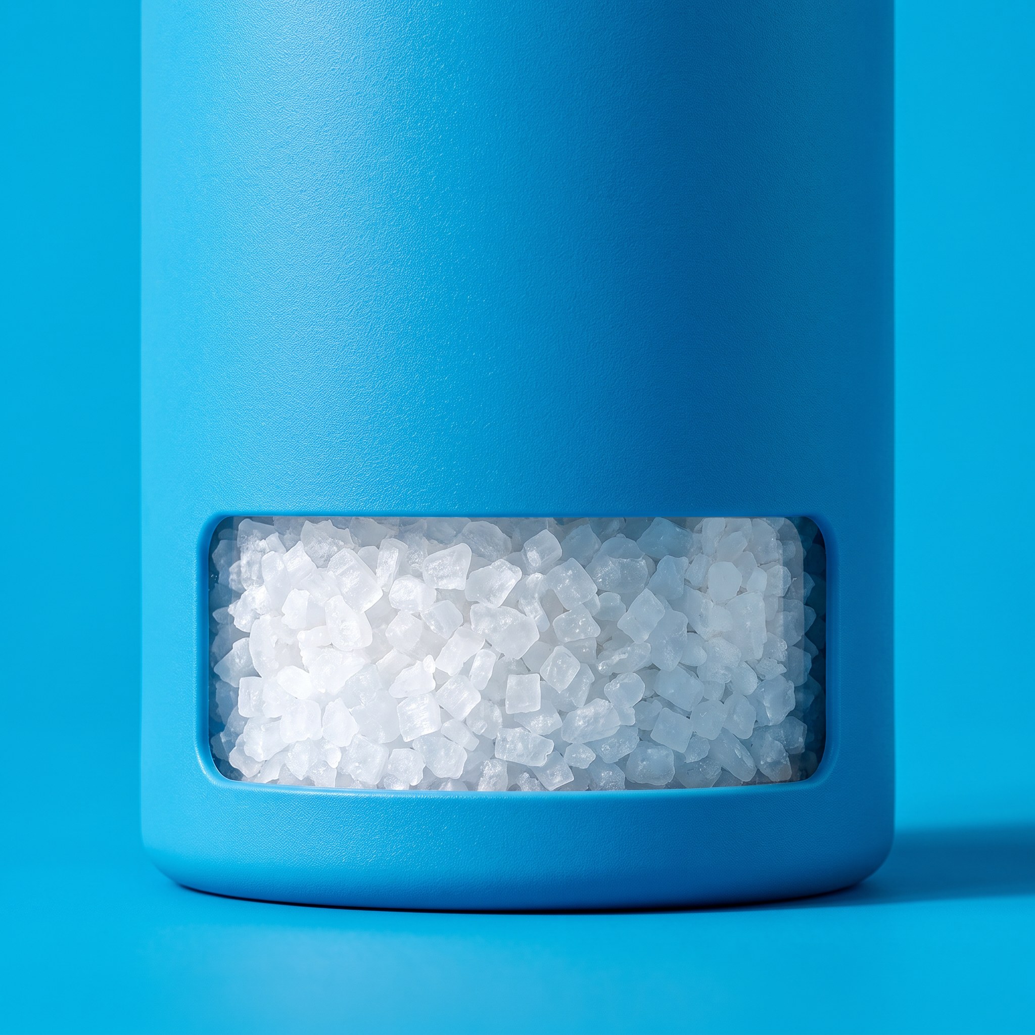 Close-up of the fill window on the sea salt jar, showing the salt inside