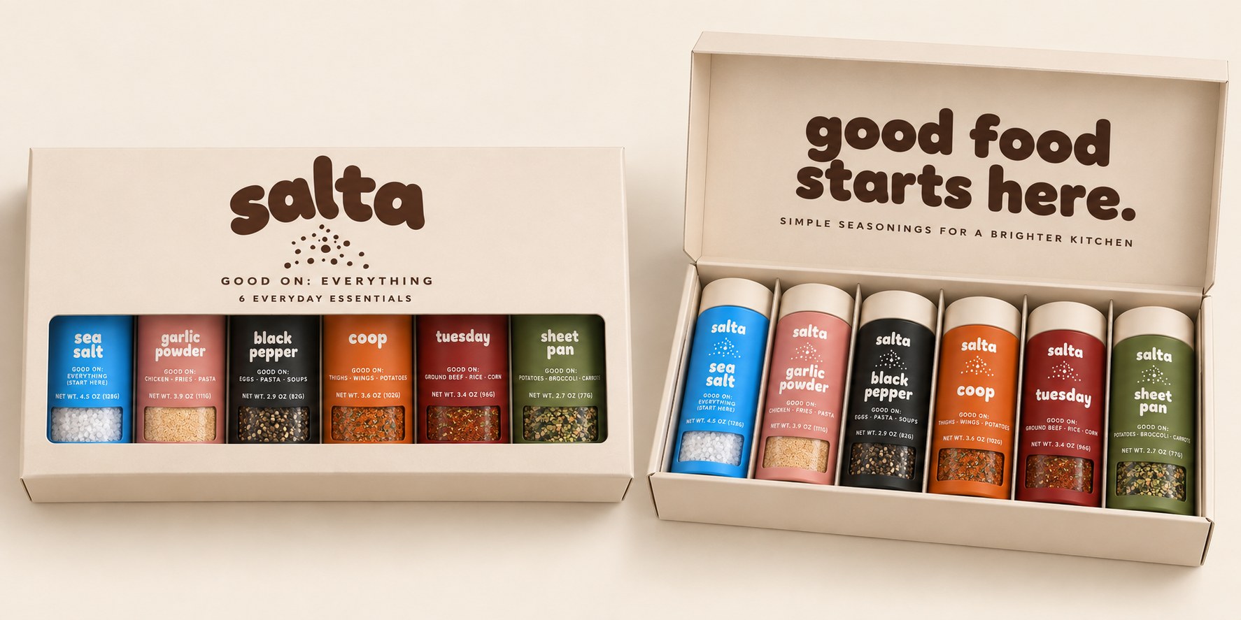 The salta starter box shown closed, printed with the salta wordmark, good on: everything, and 6 everyday essentials, next to the same box open to show all six jars inside.