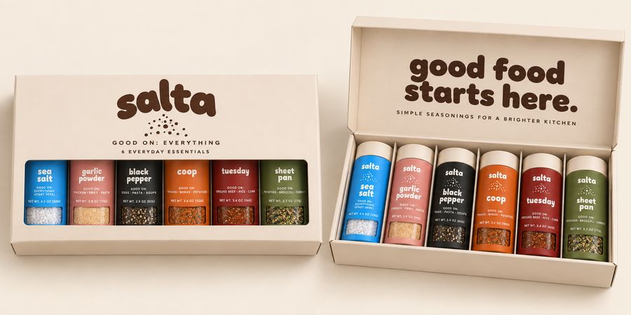 The salta six-jar box shown closed, printed with the salta wordmark and good on: everything, and open beside it to show all six jars inside.