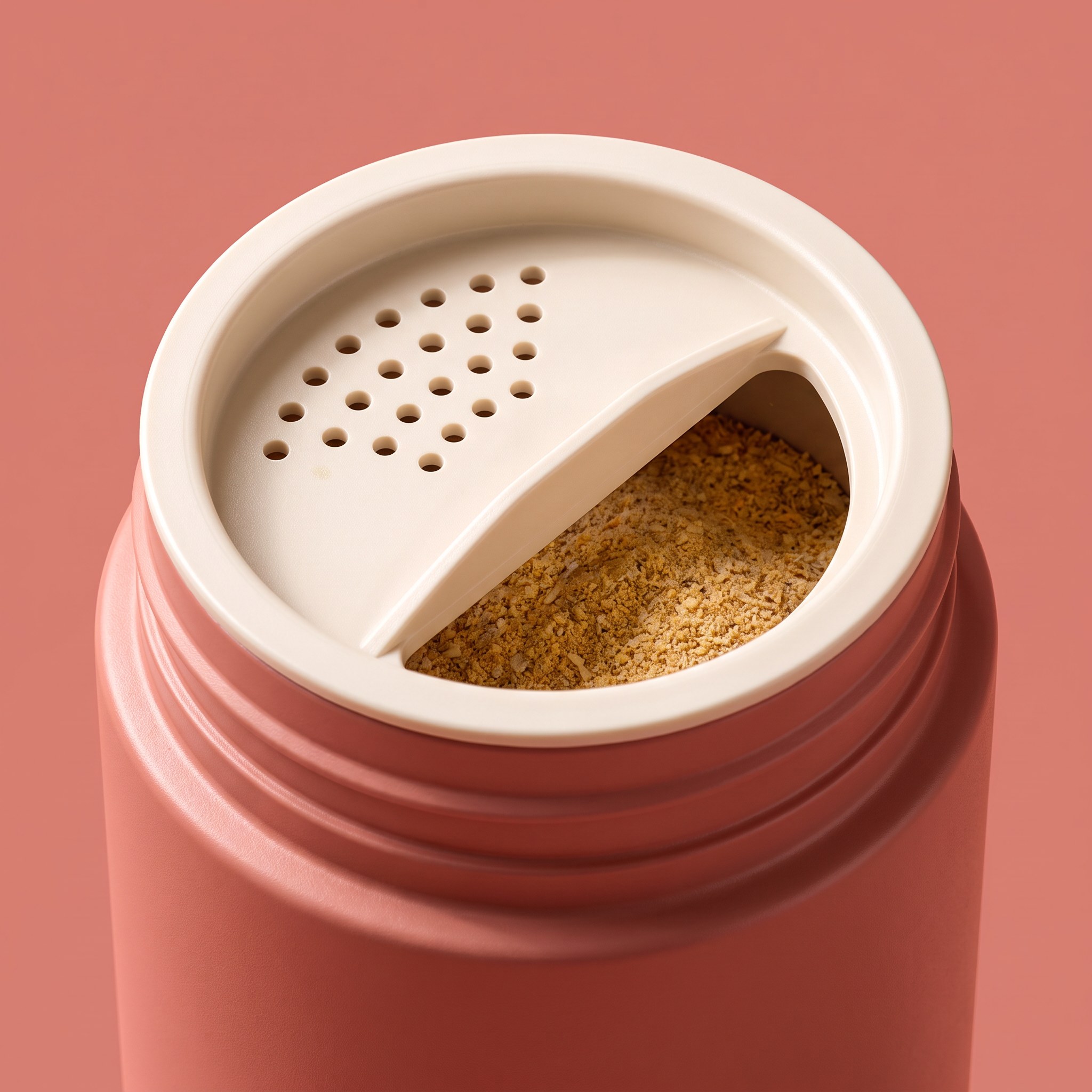 Close-up of the open two-way sifter lid on the garlic powder jar
